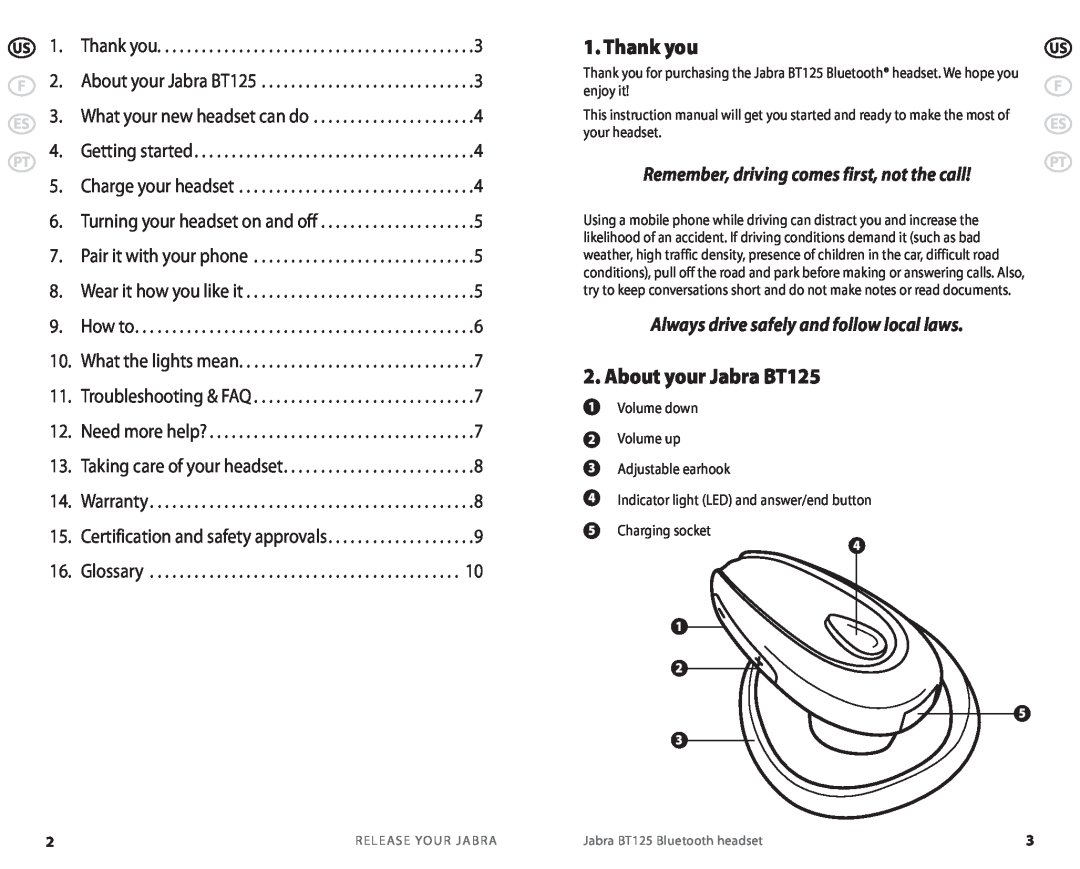 Jabra BT 125 user manual Thank you, About your Jabra BT125, Remember, driving comes first, not the call 