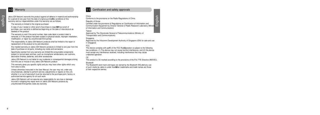 Jabra BT 350 user manual Warranty, Certification and safety approvals 