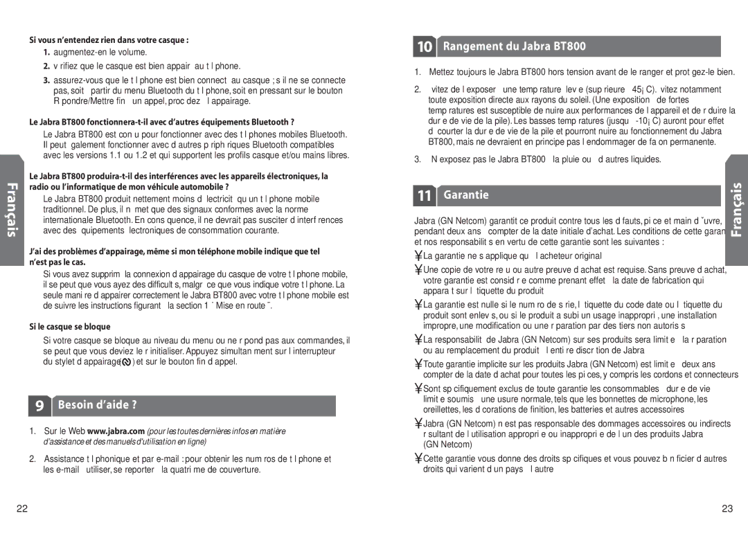 Jabra BT 800 user manual Besoin d’aide ?, Rangement du Jabra BT800, Garantie 