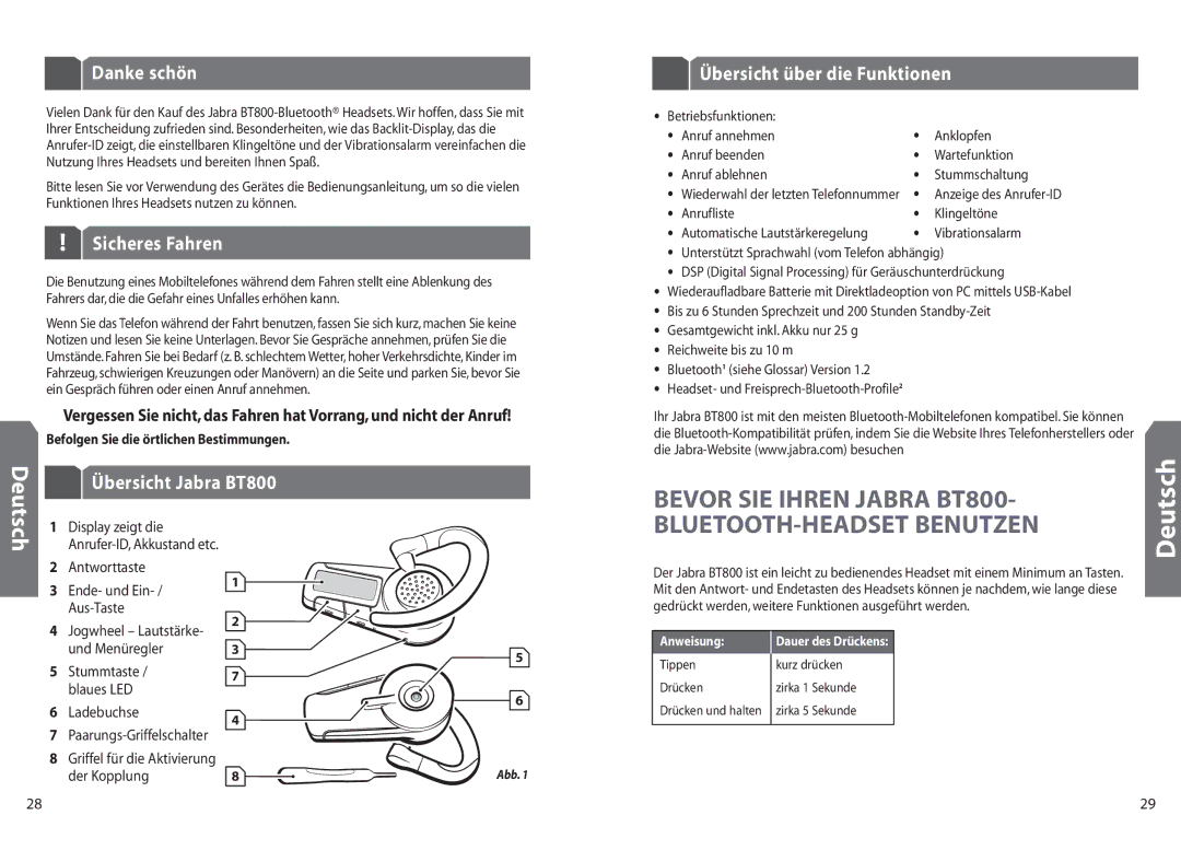 Jabra BT 800 Danke schön, Sicheres Fahren, Übersicht Jabra BT800 Übersicht über die Funktionen, Antworttaste, Ladebuchse 