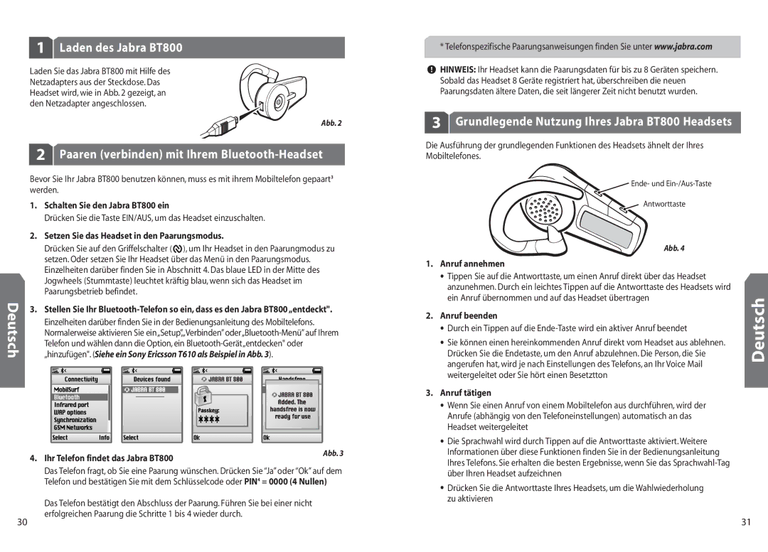 Jabra BT 800 user manual Laden des Jabra BT800, Paaren verbinden mit Ihrem Bluetooth-Headset, Deutsch 