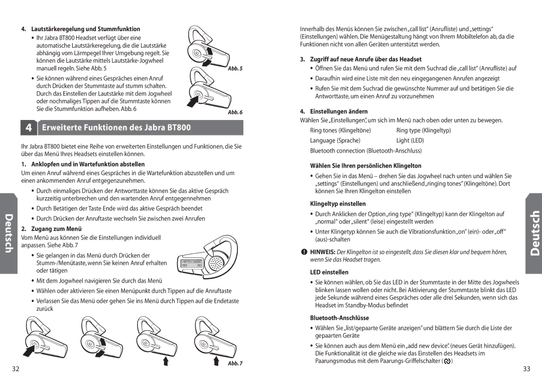 Jabra BT 800 user manual Erweiterte Funktionen des Jabra BT800 