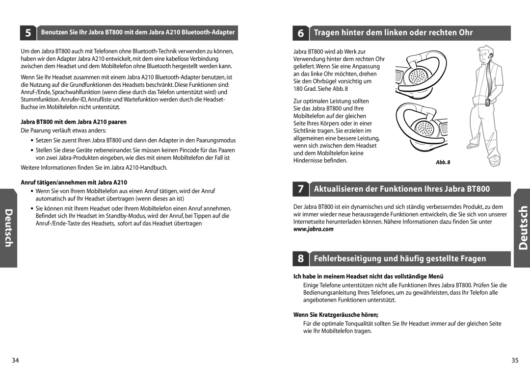 Jabra BT 800 user manual Deutsch, Tragen hinter dem linken oder rechten Ohr 