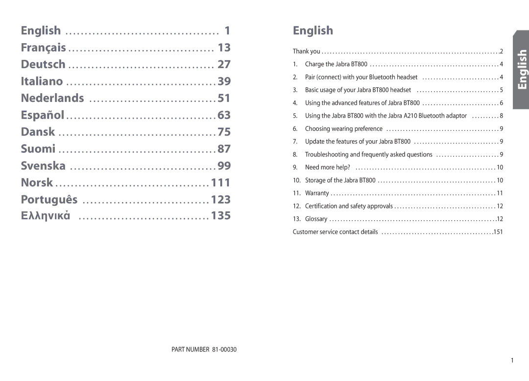 Jabra BT 800 user manual English, Part Number 