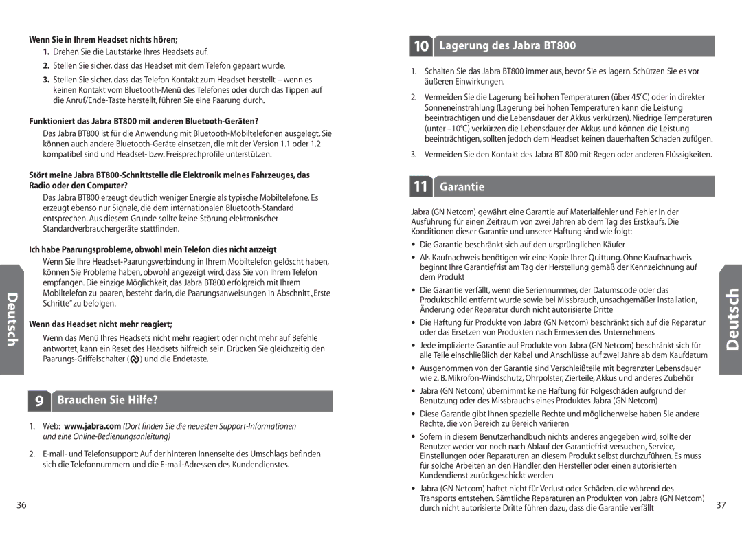 Jabra BT 800 user manual Brauchen Sie Hilfe?, Lagerung des Jabra BT800, Deutsch 