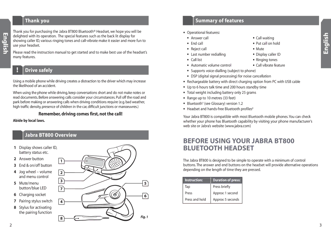 Jabra BT 800 user manual Thank you, English, Drive safely, Jabra BT800 Overview Summary of features 