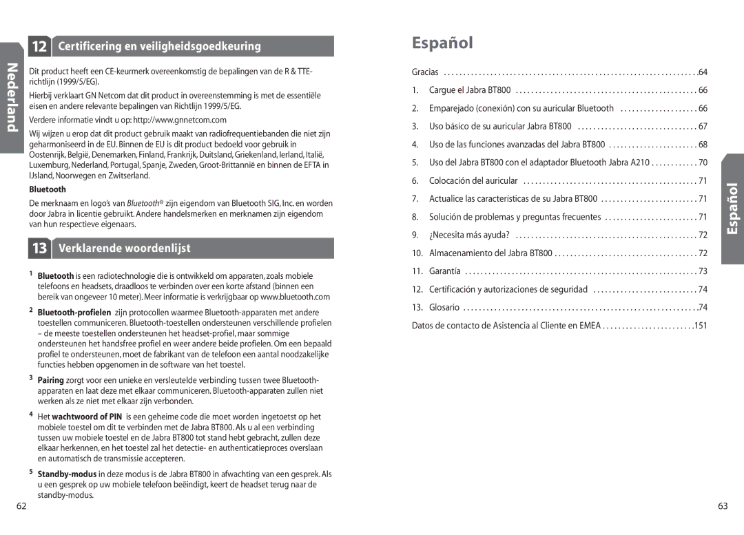 Jabra BT 800 user manual Español, Certificering en veiligheidsgoedkeuring, Verklarende woordenlijst 