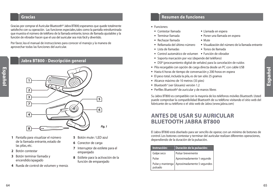 Jabra BT 800 user manual Gracias, Jabra BT800 Descripción general Resumen de funciones, Botón contestar 