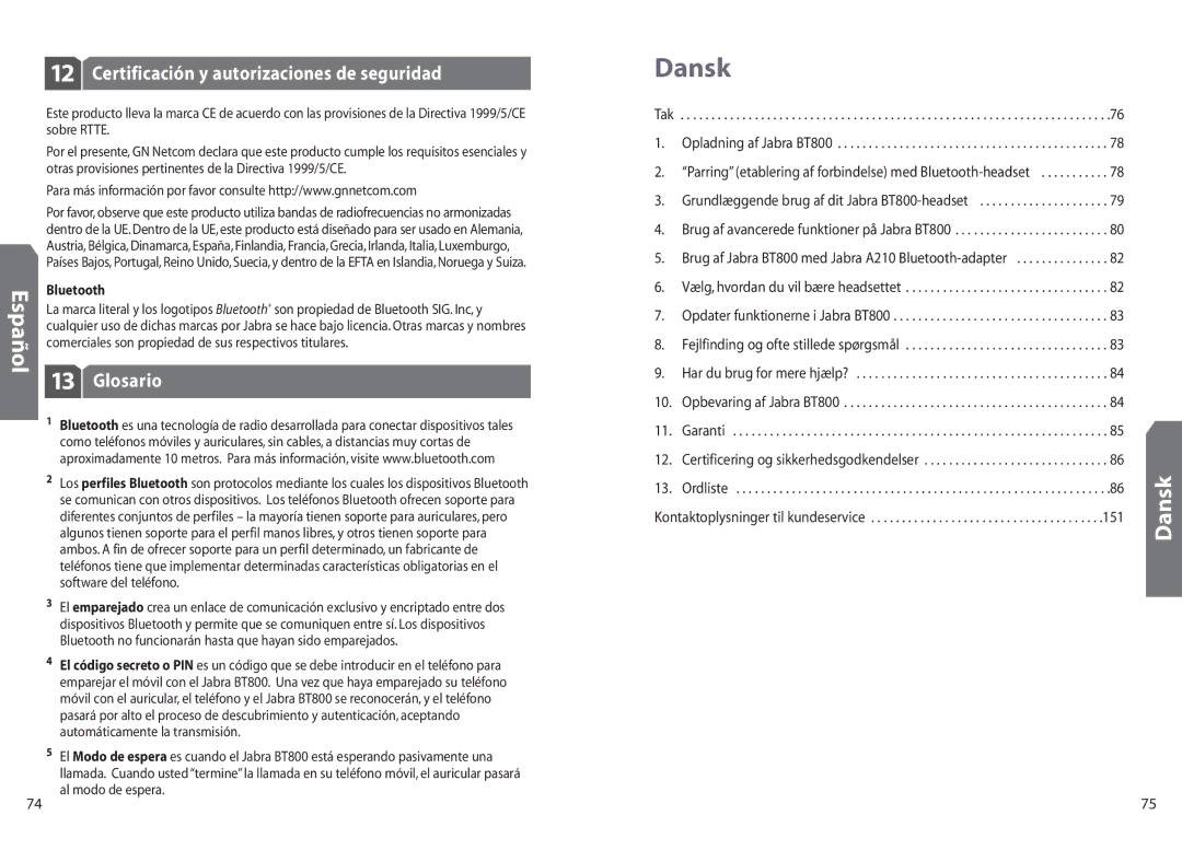 Jabra BT 800 user manual Dansk, Certificación y autorizaciones de seguridad, Glosario 