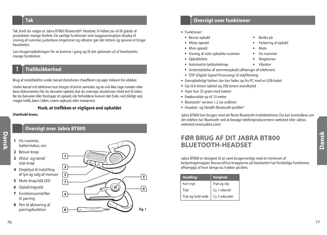 Jabra BT 800 user manual Tak, Trafiksikkerhed, Oversigt over Jabra BT800, Oversigt over funktioner, Dansk 