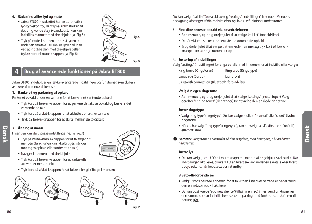 Jabra BT 800 user manual Brug af avancerede funktioner på Jabra BT800 