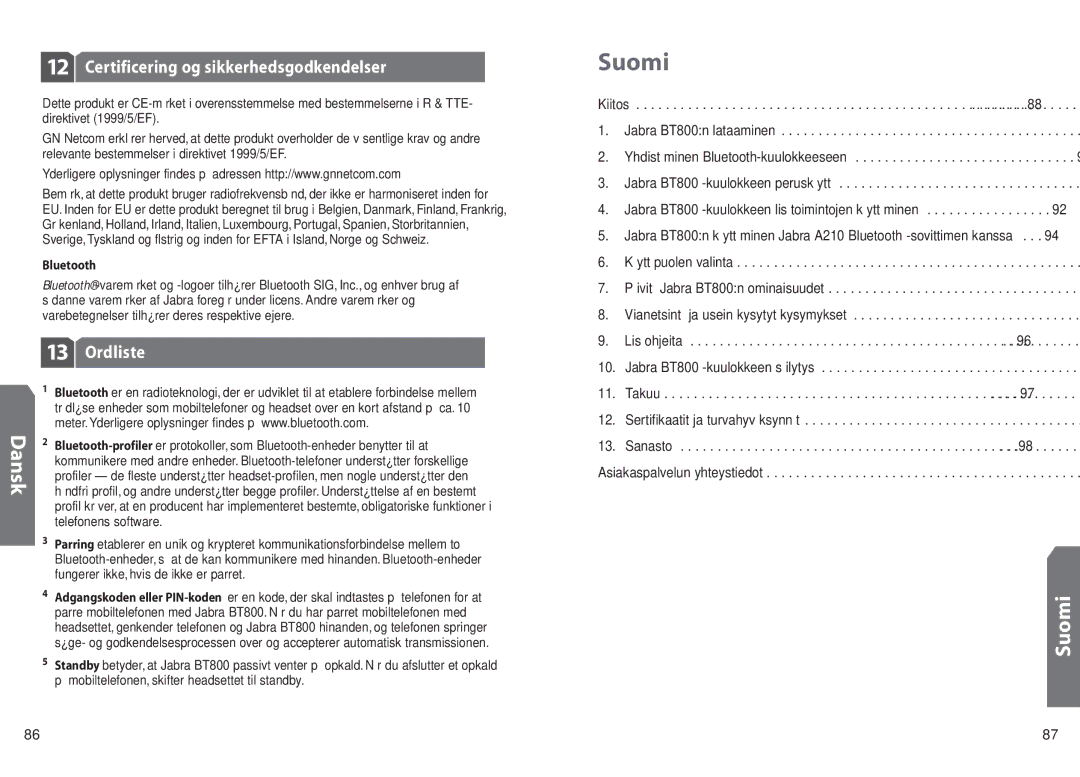 Jabra BT 800 user manual Suomi, Certificering og sikkerhedsgodkendelser, Ordliste 