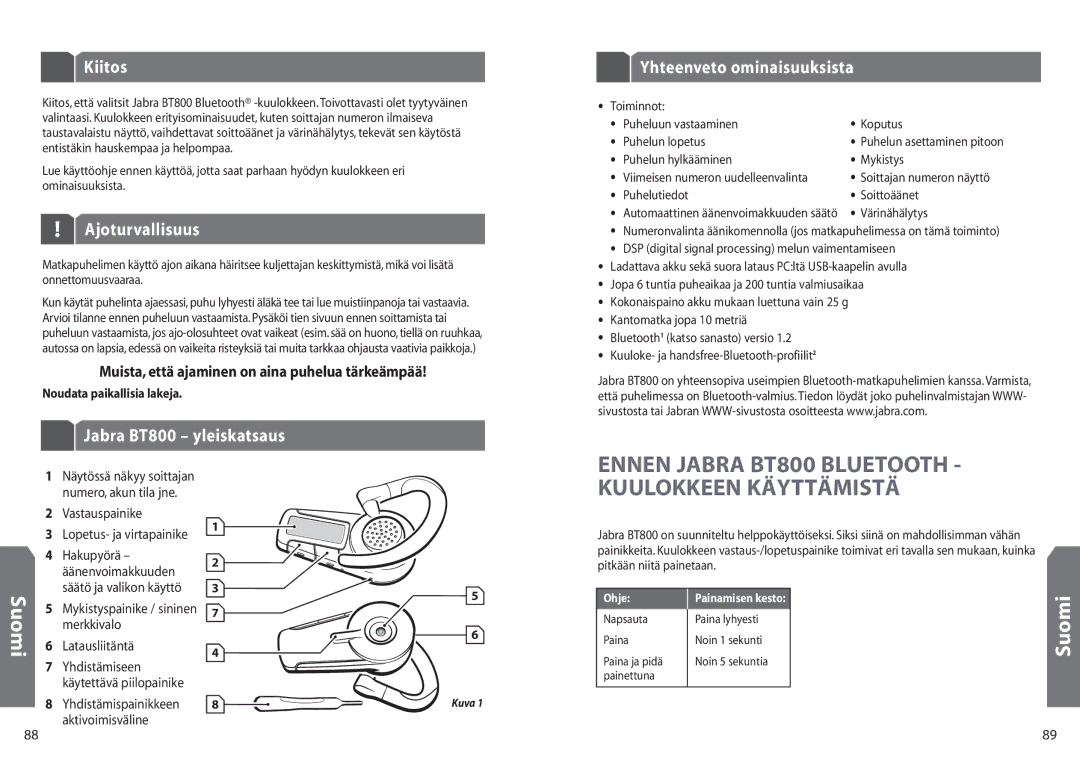 Jabra BT 800 user manual Kiitos, Ajoturvallisuus, Jabra BT800 yleiskatsaus, Yhteenveto ominaisuuksista, Suomi 