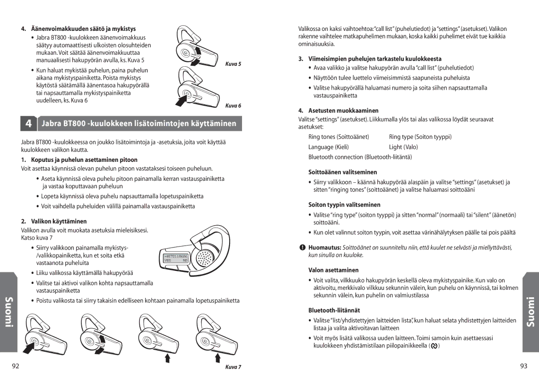 Jabra BT 800 user manual Jabra BT800 -kuulokkeen lisätoimintojen käyttäminen 