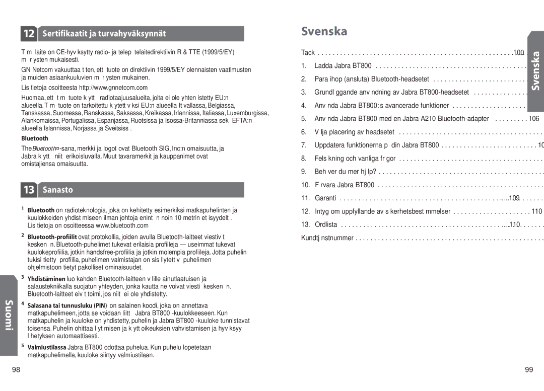 Jabra BT 800 user manual Svenska, Sertifikaatit ja turvahyväksynnät, Sanasto 