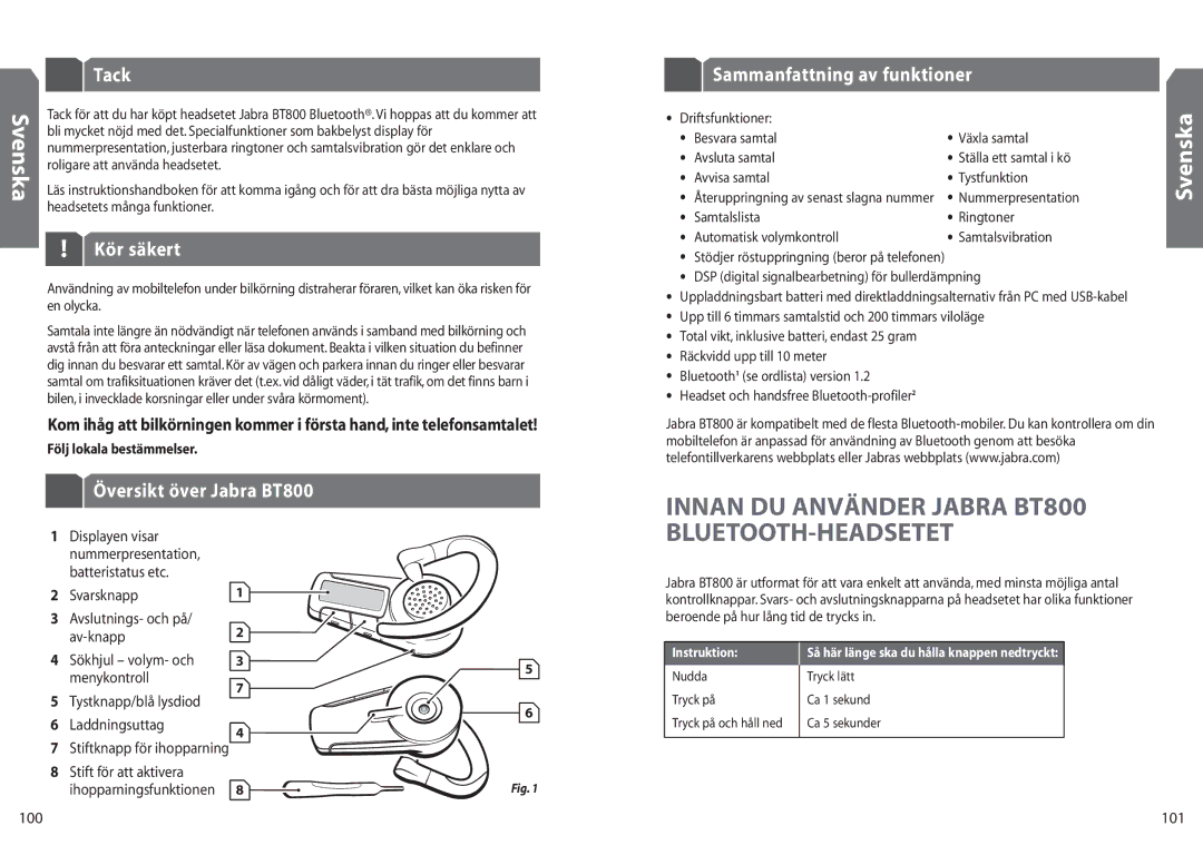 Jabra BT 800 user manual Tack, Kör säkert, Översikt över Jabra BT800 Sammanfattning av funktioner 