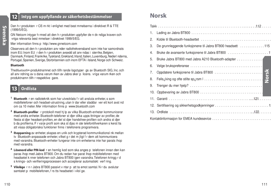 Jabra BT 800 user manual Norsk, Intyg om uppfyllande av säkerhetsbestämmelser, Ordlista, 111 