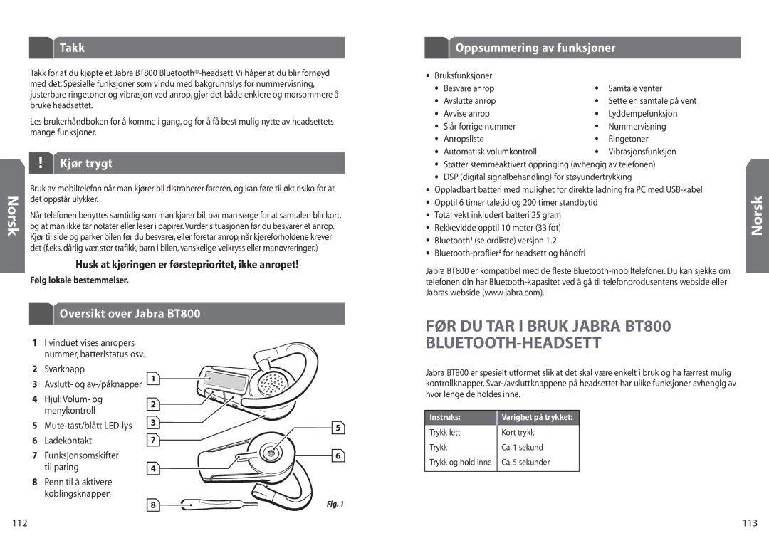 Jabra BT 800 user manual Takk, Kjør trygt, Oversikt over Jabra BT800, Oppsummering av funksjoner, Norsk 