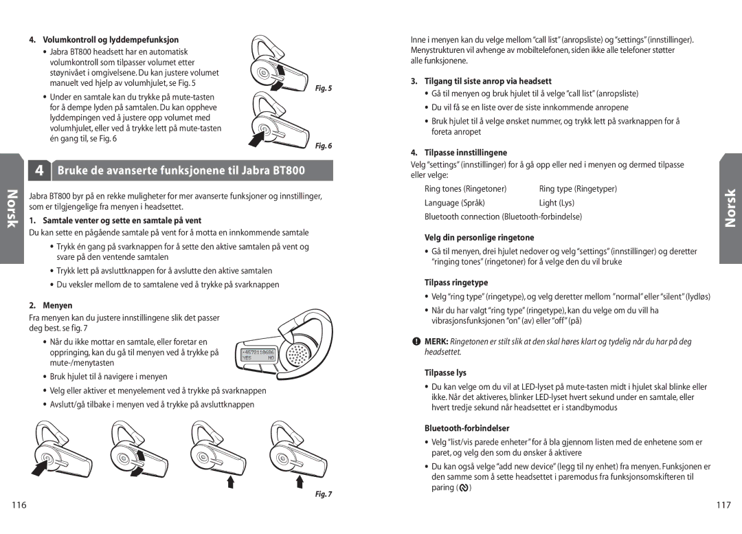 Jabra BT 800 user manual Bruke de avanserte funksjonene til Jabra BT800, 117 