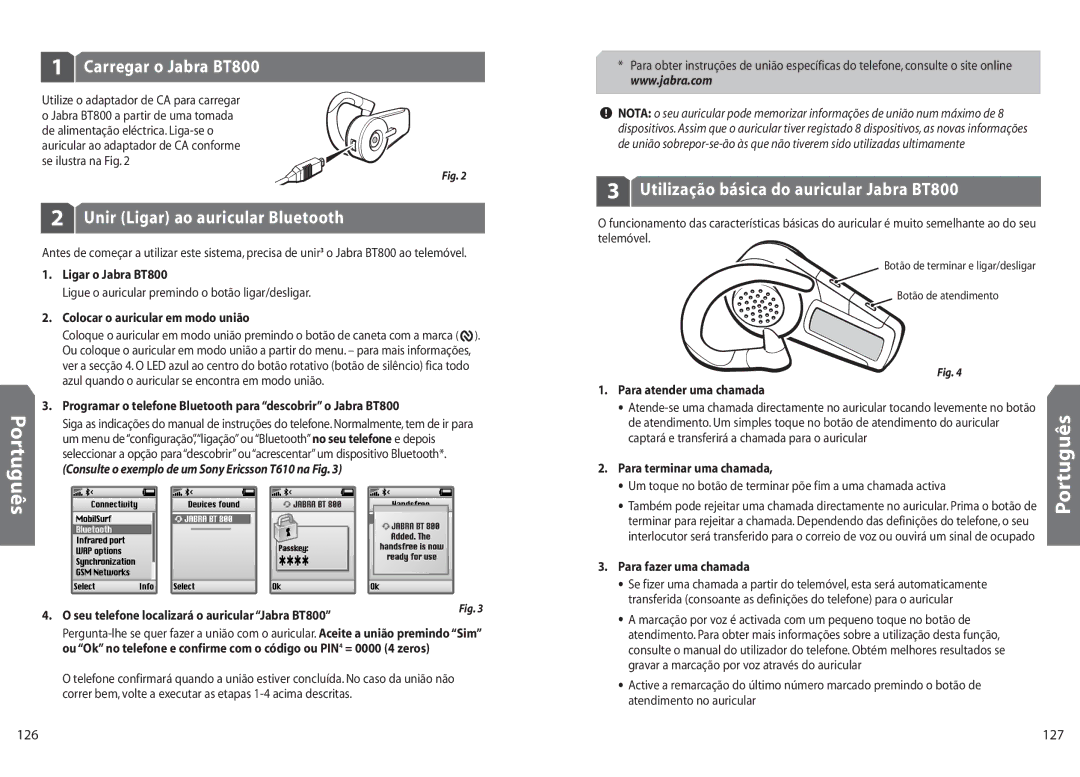 Jabra BT 800 Carregar o Jabra BT800, Unir Ligar ao auricular Bluetooth, Utilização básica do auricular Jabra BT800, 127 