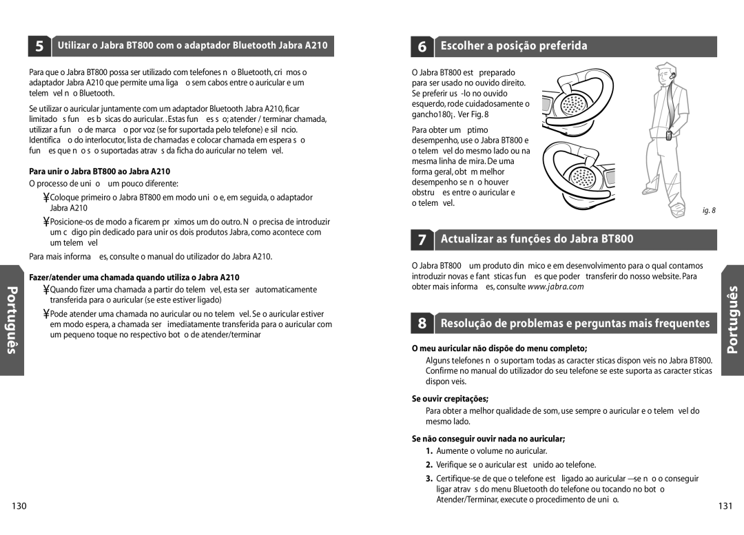 Jabra BT 800 user manual Escolher a posição preferida, Actualizar as funções do Jabra BT800, Português 