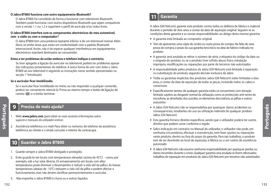 Jabra BT 800 user manual Precisa de mais ajuda?, Guardar o Jabra BT800, Garantia, 133 