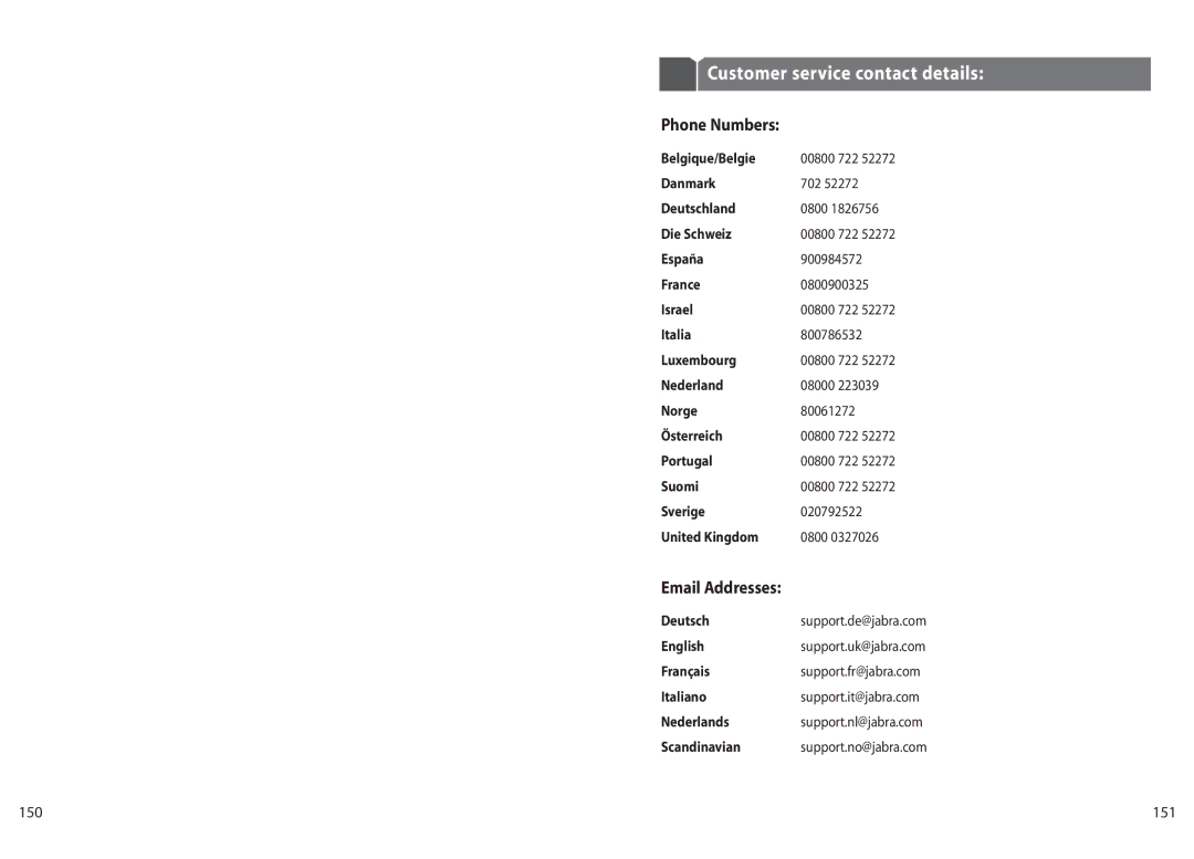 Jabra BT 800 user manual Customer service contact details, 150 