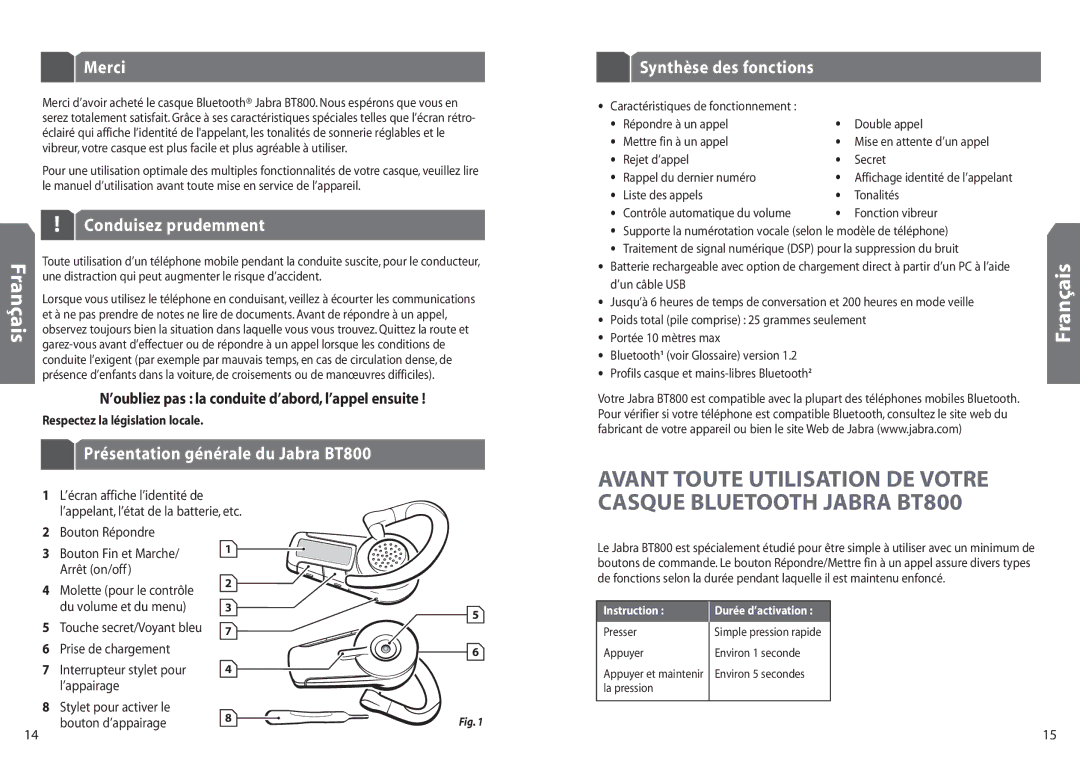 Jabra BT 800 Merci, Conduisez prudemment, Présentation générale du Jabra BT800, Synthèse des fonctions, Français 