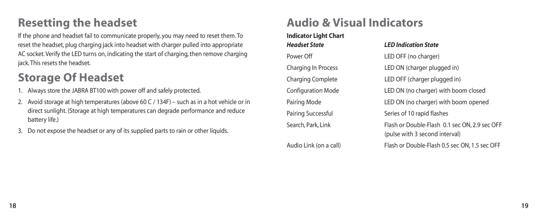 Jabra BT100 Resetting the headset, Storage Of Headset, Audio & Visual Indicators, Indicator Light Chart, Headset State 