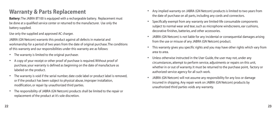 Jabra BT100 user manual Warranty & Parts Replacement 