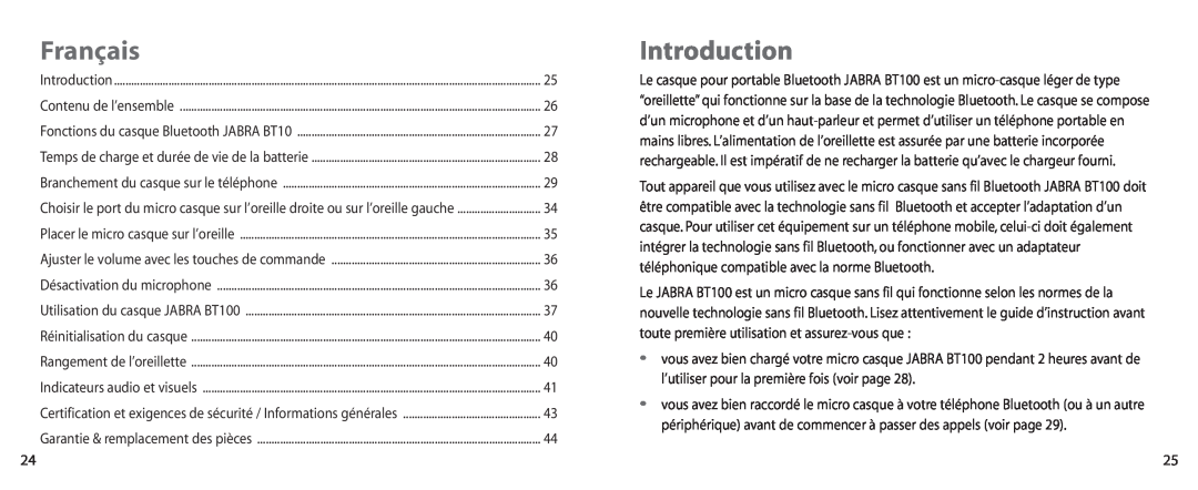 Jabra BT100 user manual Français, Introduction 