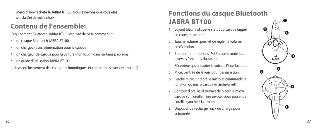 Jabra Contenu de l’ensemble, Fonctions du casque Bluetooth, un casque Bluetooth JABRA BT100, en cours, en attente 