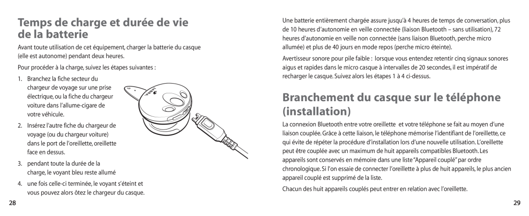 Jabra BT100 user manual Temps de charge et durée de vie de la batterie 