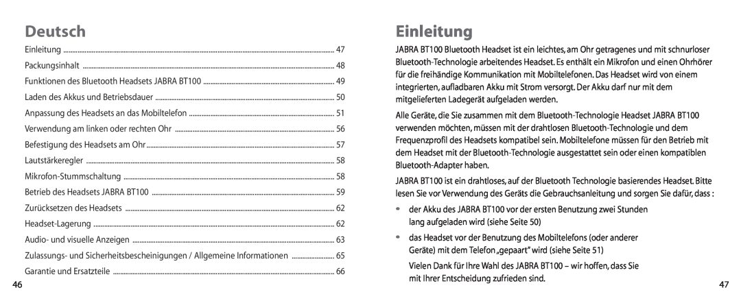 Jabra BT100 user manual Deutsch, Einleitung, mit Ihrer Entscheidung zufrieden sind 