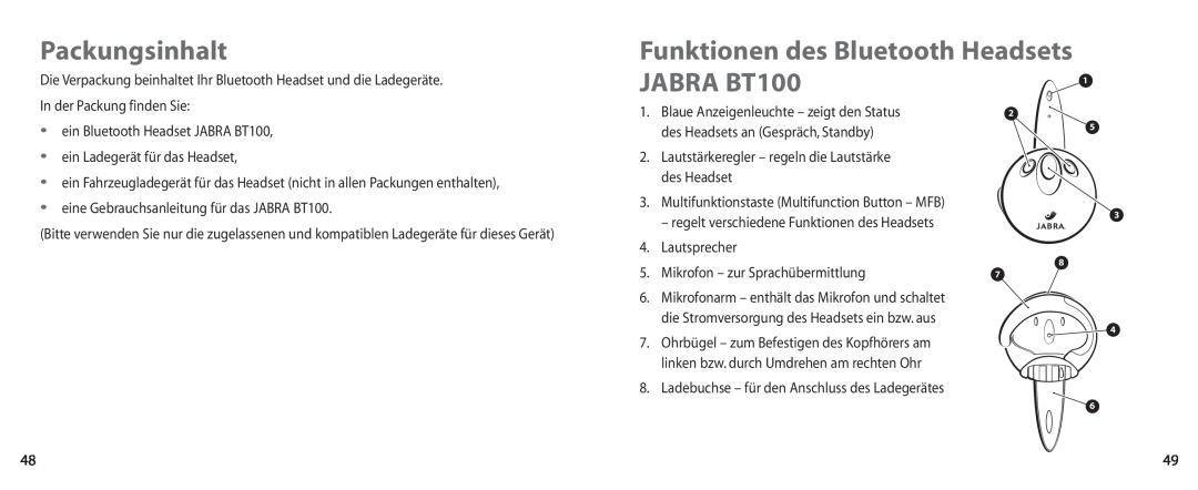 Jabra user manual Packungsinhalt, Funktionen des Bluetooth Headsets, JABRA BT100 