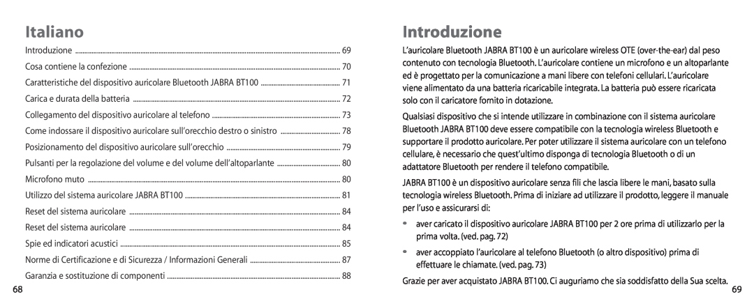 Jabra BT100 user manual Italiano, Introduzione 
