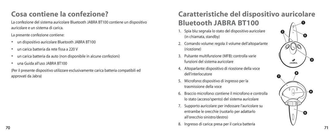 Jabra user manual Cosa contiene la confezione?, Bluetooth JABRA BT100, Caratteristiche del dispositivo auricolare 