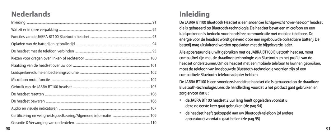 Jabra BT100 user manual Nederlands, Inleiding 