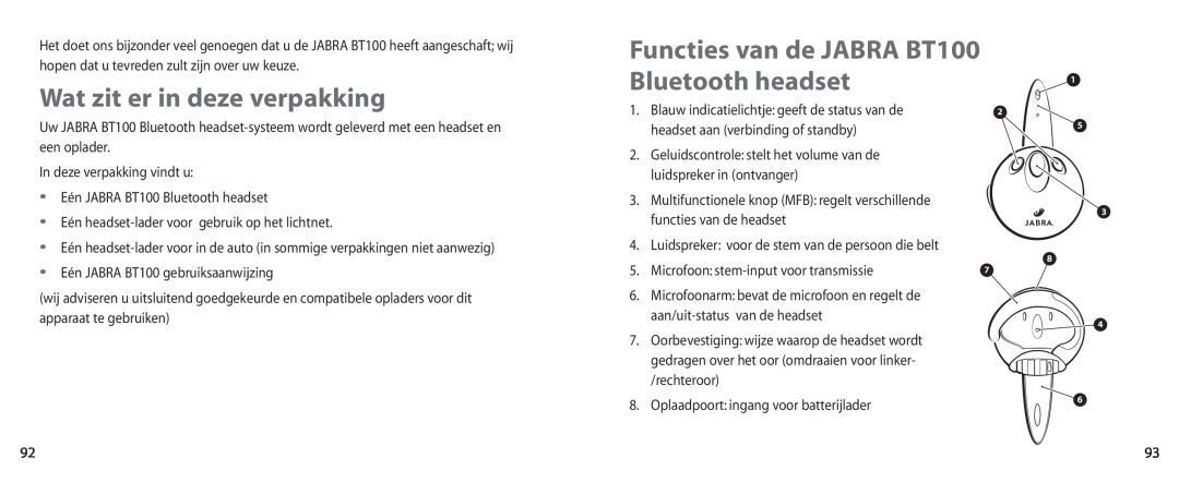 Jabra user manual Wat zit er in deze verpakking, Functies van de JABRA BT100 Bluetooth headset 