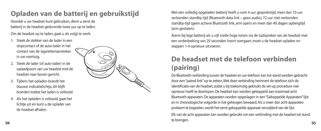 Jabra BT100 user manual Opladen van de batterij en gebruikstijd, De headset met de telefoon verbinden pairing 