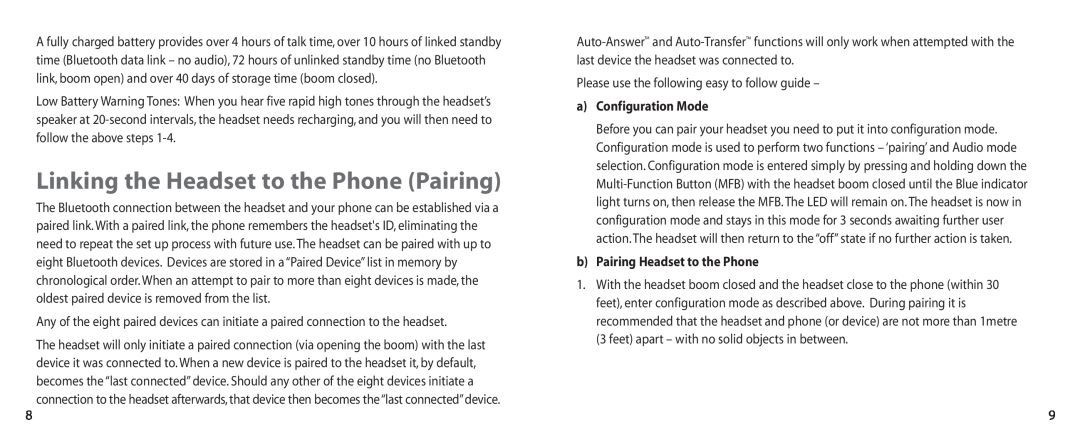 Jabra BT100 user manual Linking the Headset to the Phone Pairing, aConfiguration Mode, bPairing Headset to the Phone 