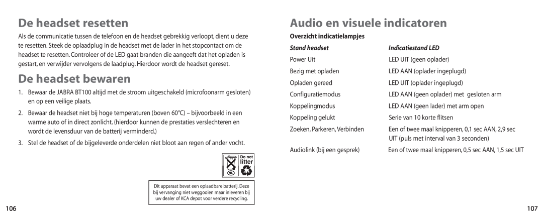 Jabra BT100 user manual De headset resetten, De headset bewaren, Audio en visuele indicatoren, Overzicht indicatielampjes 