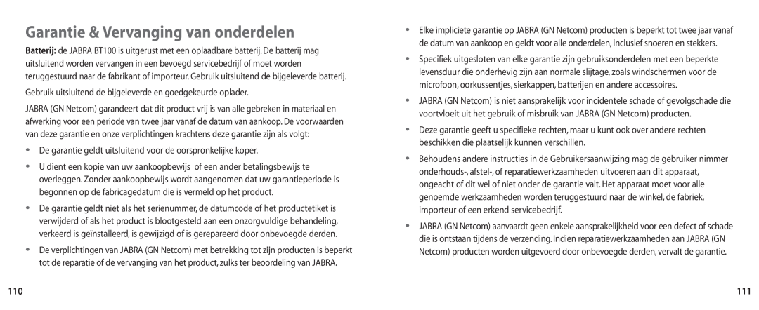 Jabra BT100 user manual Garantie & Vervanging van onderdelen 