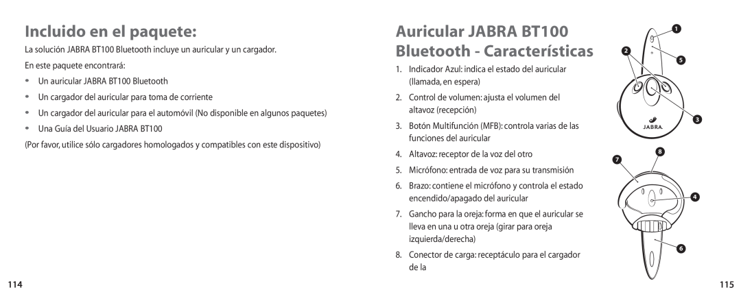 Jabra user manual Incluido en el paquete, Auricular JABRA BT100 Bluetooth - Características 