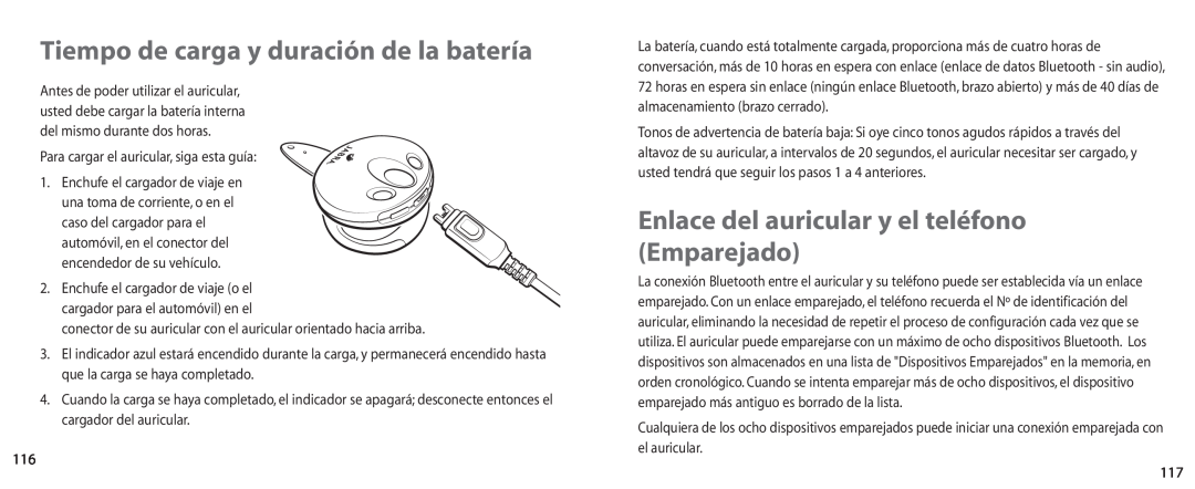 Jabra BT100 user manual Tiempo de carga y duración de la batería, Enlace del auricular y el teléfono Emparejado 