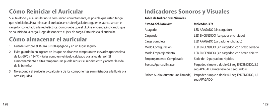 Jabra BT100 Cómo Reiniciar el Auricular, Cómo almacenar el auricular, Indicadores Sonoros y Visuales, Estado del Auricular 