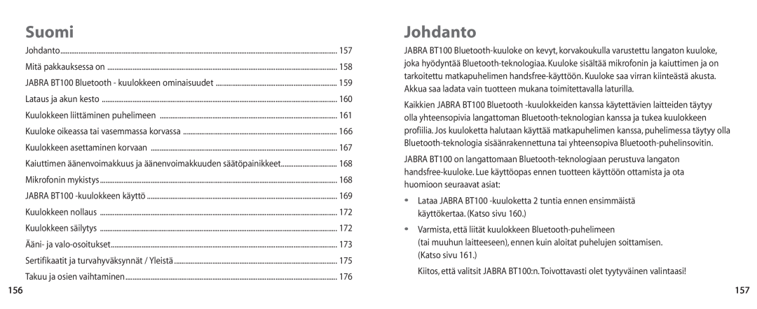 Jabra BT100 user manual Suomi, Johdanto 