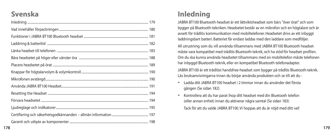 Jabra BT100 user manual Svenska, Inledning 