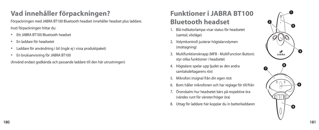 Jabra user manual Vad innehåller förpackningen?, Funktioner i JABRA BT100 Bluetooth headset 