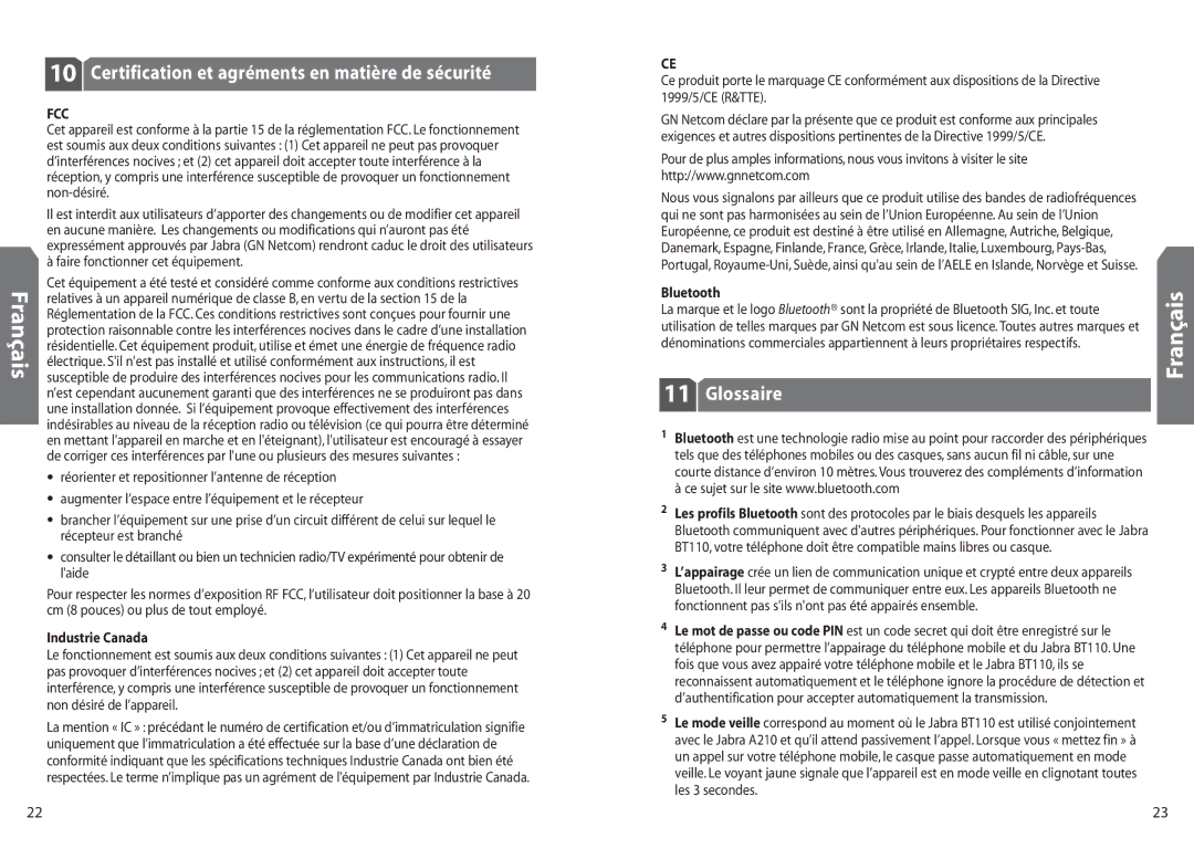 Jabra BT110 user manual Certification et agréments en matière de sécurité, Glossaire, Industrie Canada 